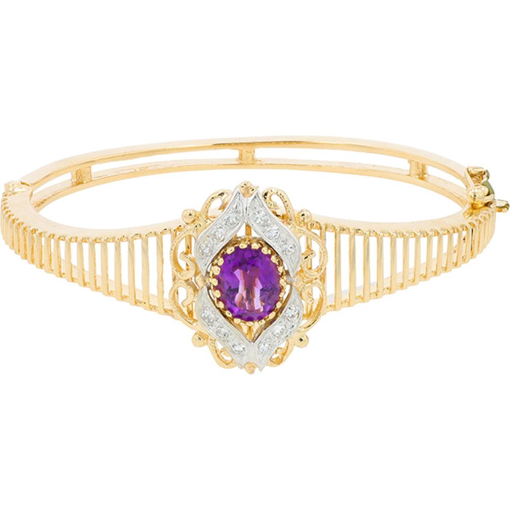 14K Yellow & White Gold Amethyst Bangle with Diamond Halo - 2.35 Carat Amethyst & 0.25 Carat Diamond Total Weight