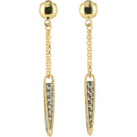 14K Yellow and White Gold Chain Drop Dangle Earrings with Textured Milgrain Teardrop Pendant
