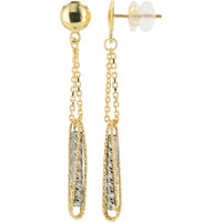 14K Yellow and White Gold Chain Drop Dangle Earrings with Textured Milgrain Teardrop Pendant