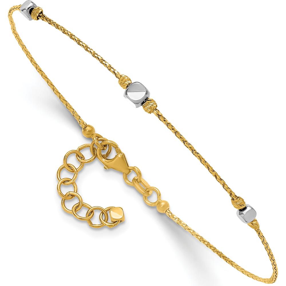 14K Yellow and White Gold Diamond-Cut Polished Round and Square Beaded 7" Bracelet with 1" Extension by Oro Pregiato