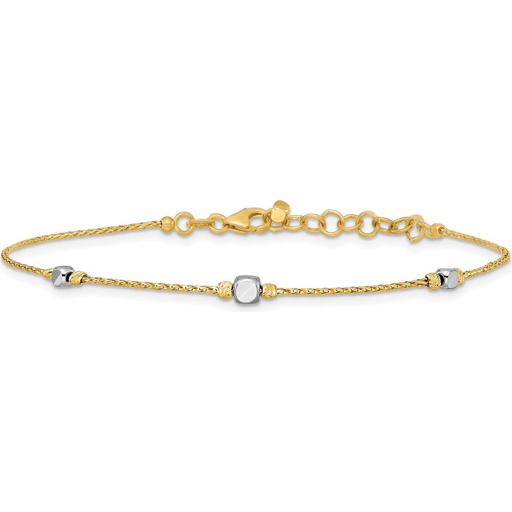 14K Yellow and White Gold Diamond-Cut Polished Round and Square Beaded 7" Bracelet with 1" Extension by Oro Pregiato