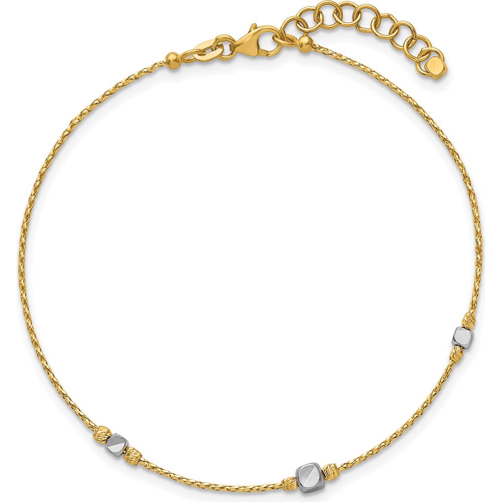 14K Yellow and White Gold Diamond-Cut Polished Round and Square Beaded 7" Bracelet with 1" Extension by Oro Pregiato