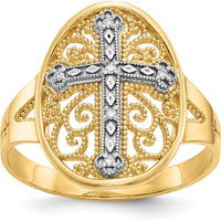 14K Yellow and White Gold Diamond Filigree Cross Ring with 0.030 Carat Diamonds by Oro Pregiato