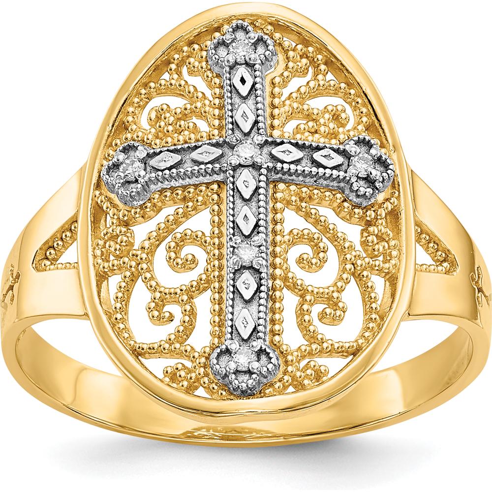 14K Yellow and White Gold Diamond Filigree Cross Ring with 0.030 Carat Diamonds by Oro Pregiato