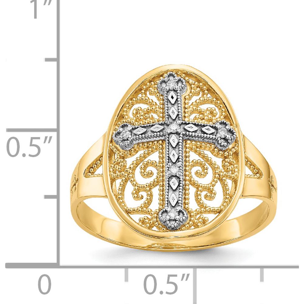 14K Yellow and White Gold Diamond Filigree Cross Ring with 0.030 Carat Diamonds by Oro Pregiato