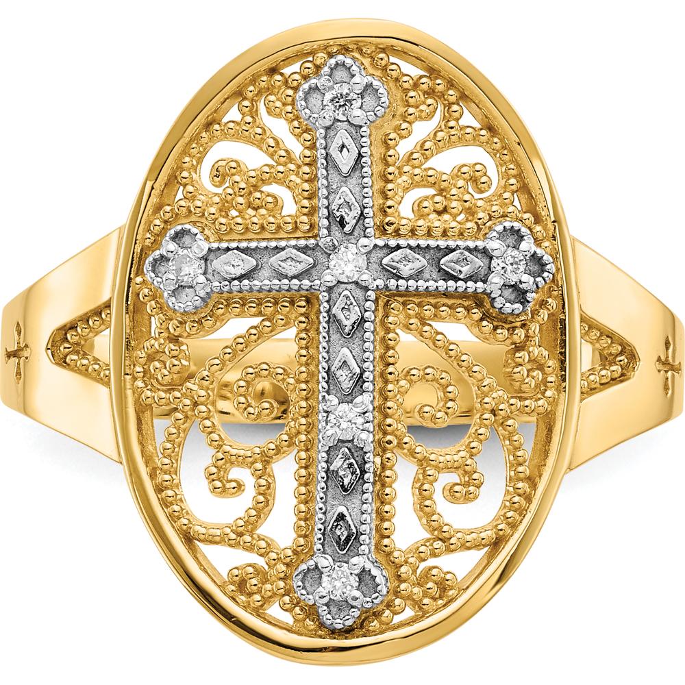 14K Yellow and White Gold Diamond Filigree Cross Ring with 0.030 Carat Diamonds by Oro Pregiato