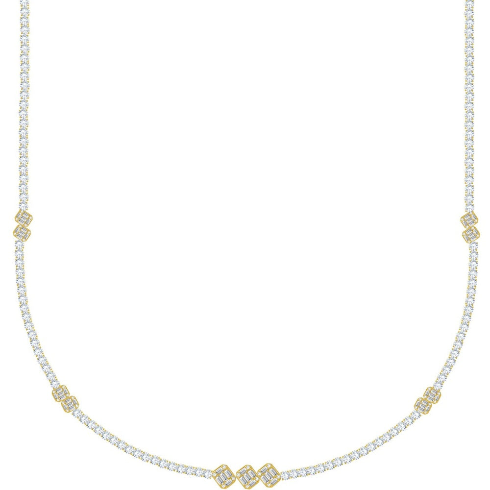 14K Yellow and White Gold Diamond Station Necklace with Milgrain Square Accents - 5.96 Carat Total Diamond Weight by Auriventus