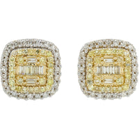 14K Yellow and White Gold Geometric Cluster Diamond Stud Earrings with Baguette and Yellow Diamond Halos - 0.50 Carat Total Diamond Weight