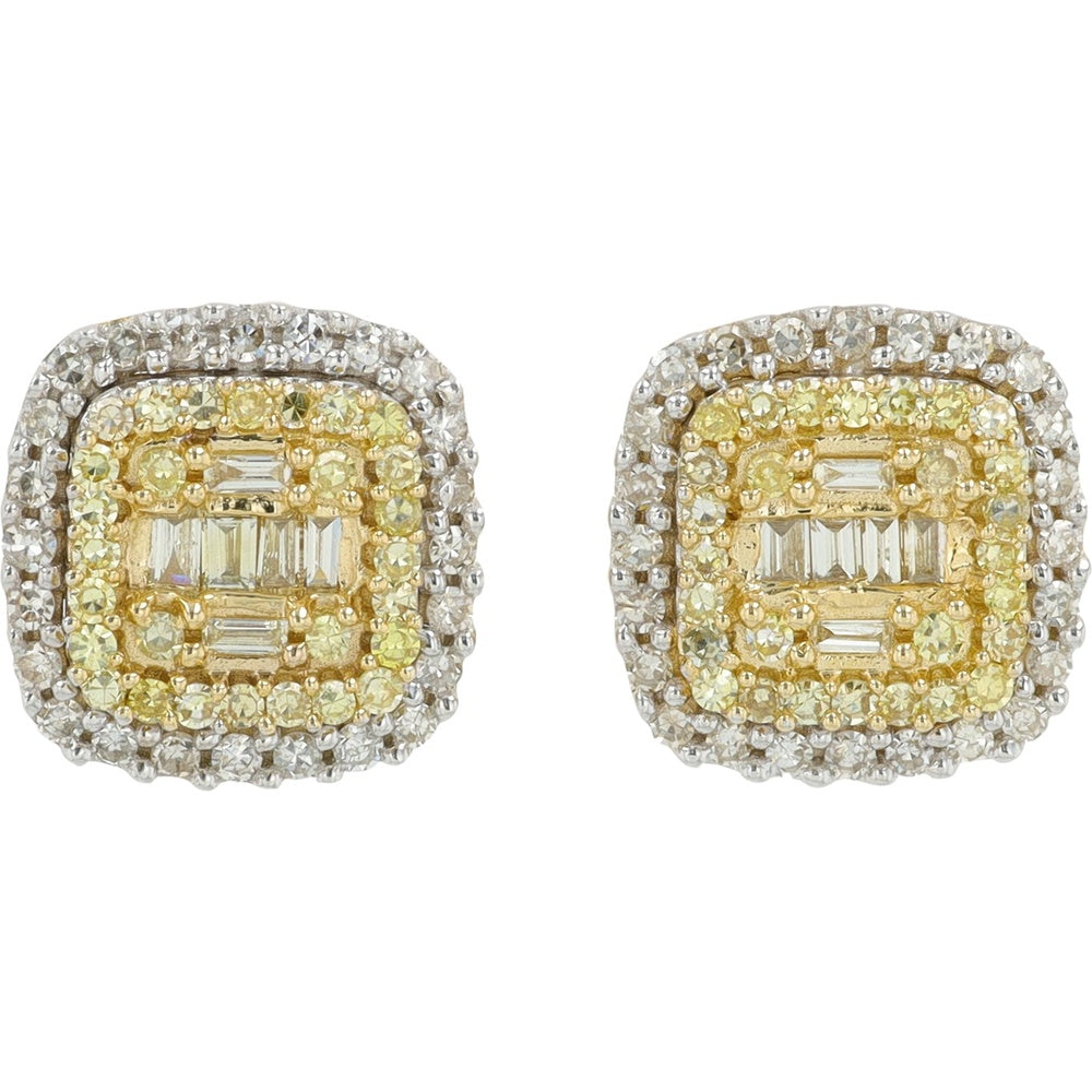 14K Yellow and White Gold Geometric Cluster Diamond Stud Earrings with Baguette and Yellow Diamond Halos - 0.50 Carat Total Diamond Weight