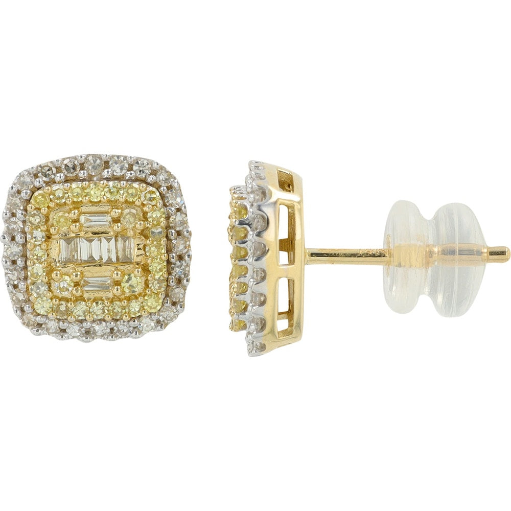 14K Yellow and White Gold Geometric Cluster Diamond Stud Earrings with Baguette and Yellow Diamond Halos - 0.50 Carat Total Diamond Weight