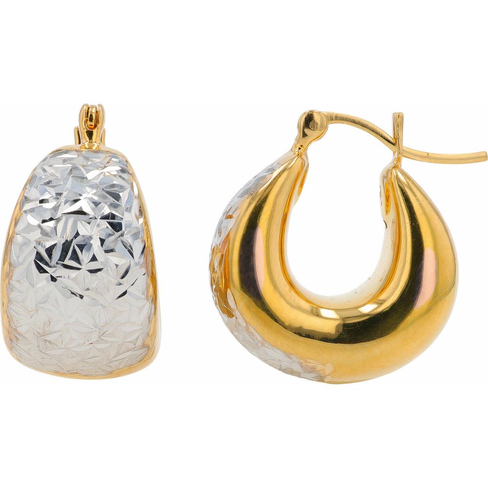 14K Yellow and White Gold Graduated Medium Hoop Earrings with Diamond-Cut Detailing
