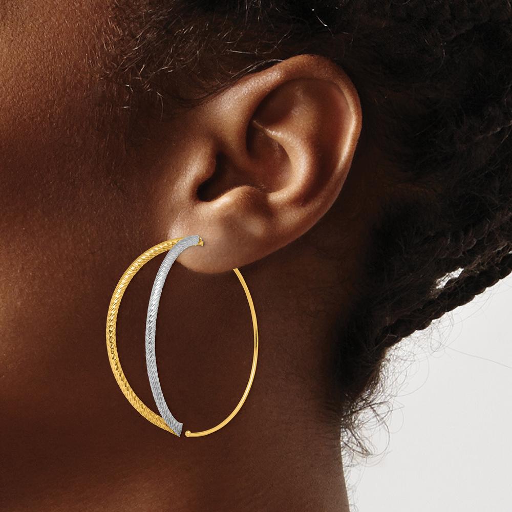 14K Yellow and White Gold Large Diamond-Cut Two-Tone Threader Hoop Earrings by 0