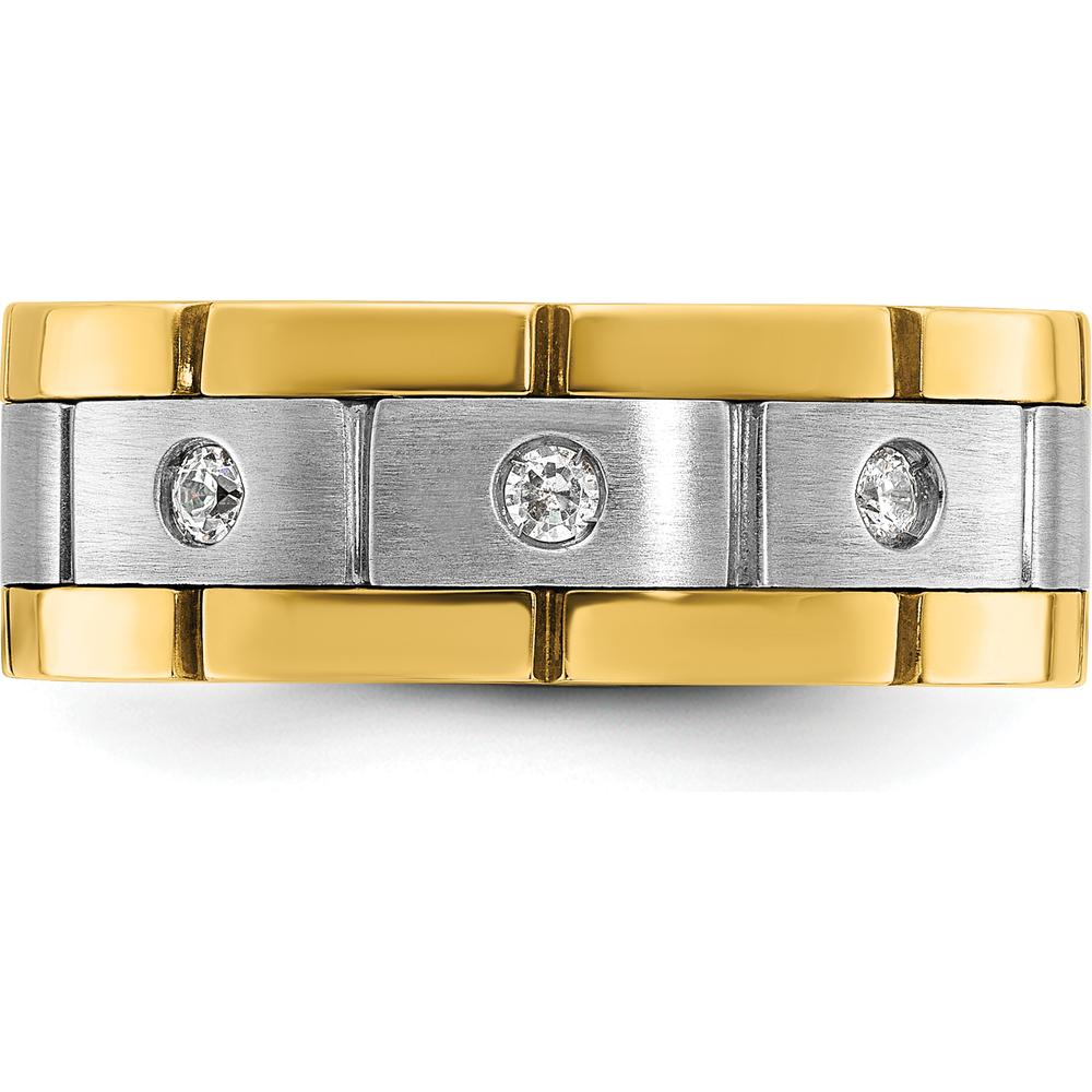 14K Yellow and White Gold Men's 3-Stone Diamond Band Ring with Grooved Satin Finish - 0.15 Carats Total Diamond Weight by IBGoodman