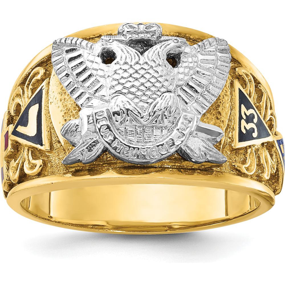 14K Yellow and White Gold Men's Polished and Textured Masonic Ring with Multi-Color Enamel Design by IBGoodman