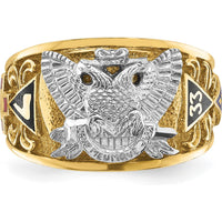 14K Yellow and White Gold Men's Polished and Textured Masonic Ring with Multi-Color Enamel Design by IBGoodman
