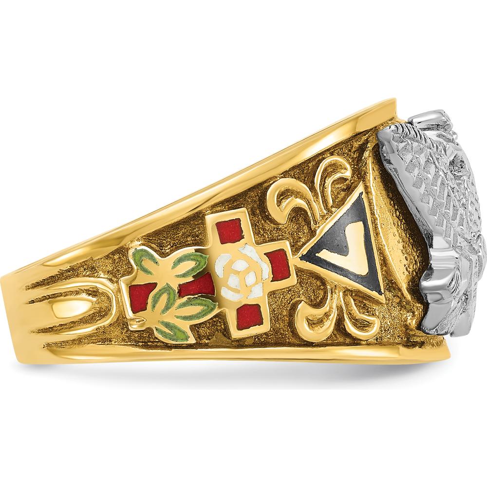 14K Yellow and White Gold Men's Polished and Textured Masonic Ring with Multi-Color Enamel Design by IBGoodman