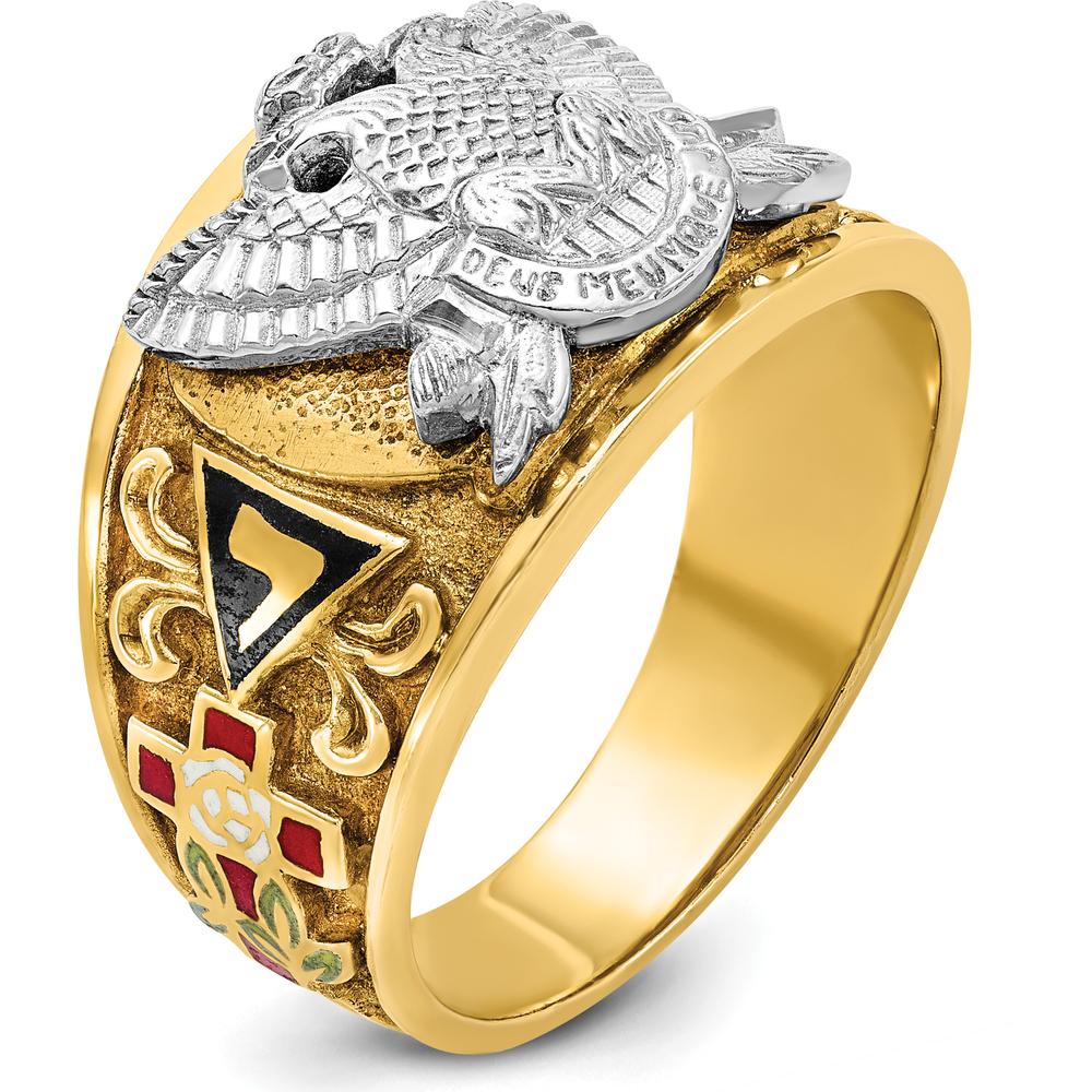 14K Yellow and White Gold Men's Polished and Textured Masonic Ring with Multi-Color Enamel Design by IBGoodman