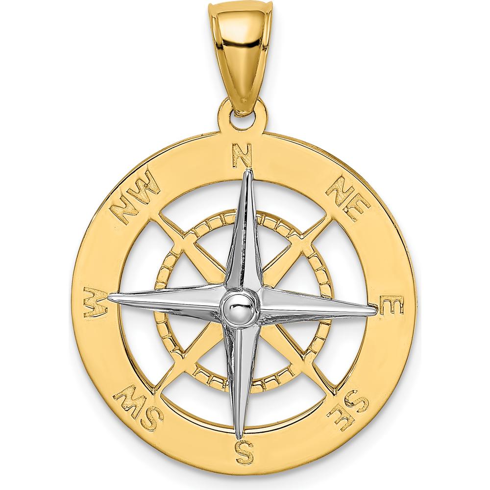 14K Yellow and White Gold Nautical Compass Pendant with Polished Finish - 29.03mm Length by Oro Pregiato