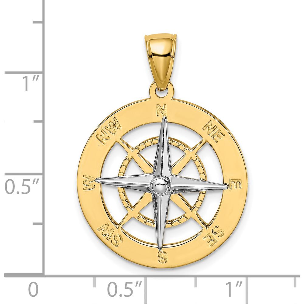 14K Yellow and White Gold Nautical Compass Pendant with Polished Finish - 29.03mm Length by Oro Pregiato