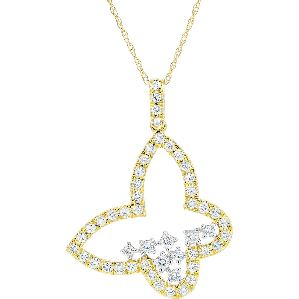 14K Yellow and White Gold Open Butterfly Pendant with Prong-Set Round Diamonds - 0.50 Carat Total Diamond Weight