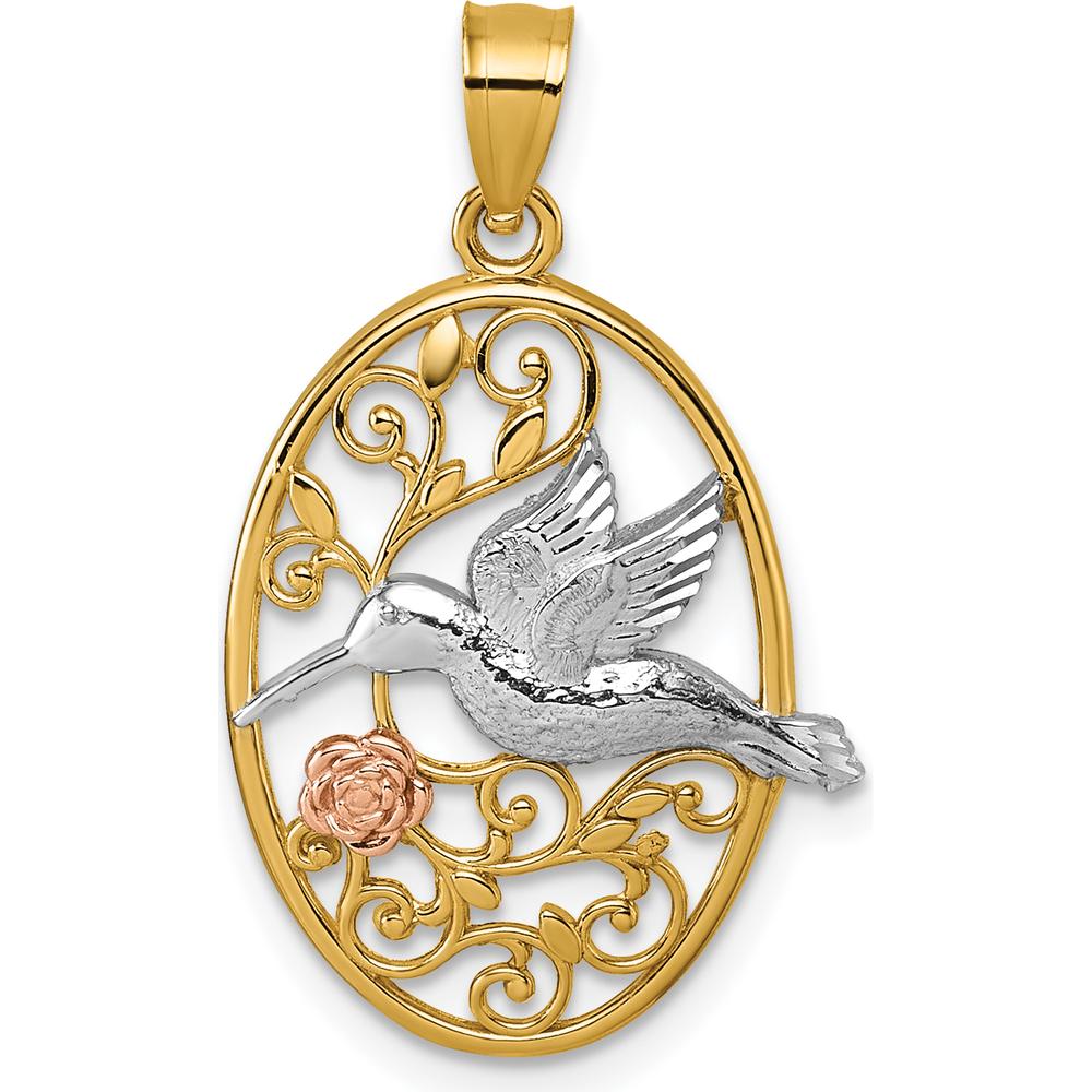 14K Yellow and White Gold Polished Hummingbird and Flower Filigree Pendant by Oro Pregiato