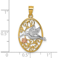 14K Yellow and White Gold Polished Hummingbird and Flower Filigree Pendant by Oro Pregiato