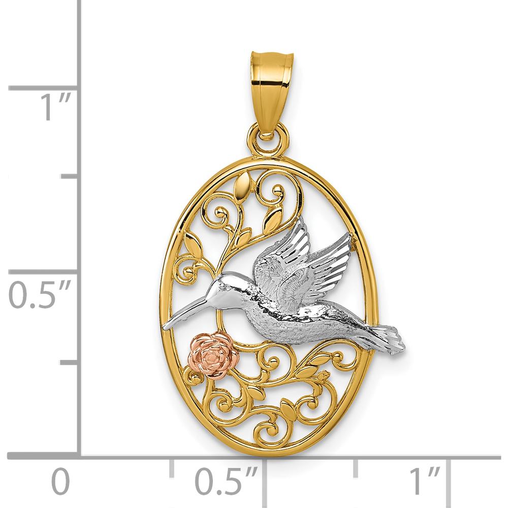 14K Yellow and White Gold Polished Hummingbird and Flower Filigree Pendant by Oro Pregiato