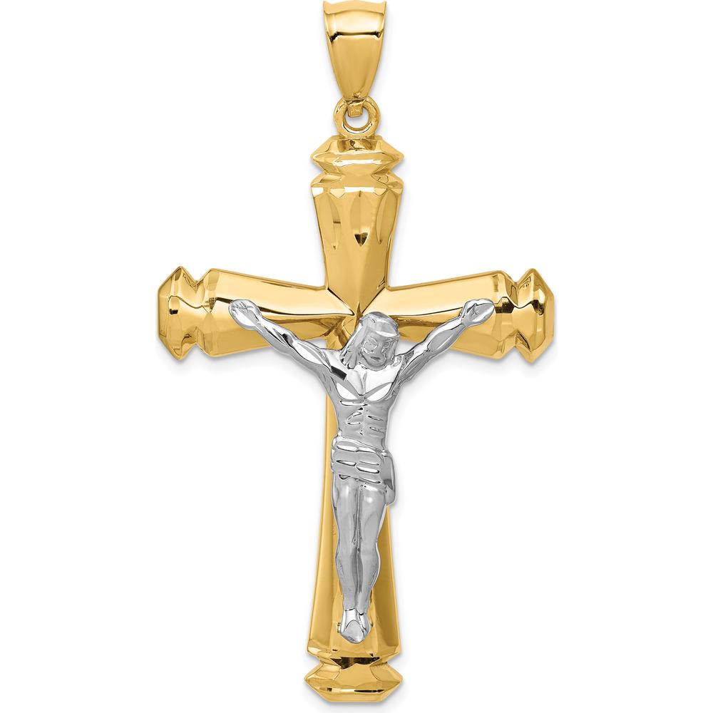 14K Yellow and White Gold Polished Two-Tone Crucifix Pendant - 61mm Length, 34mm Width by Oro Pregiato