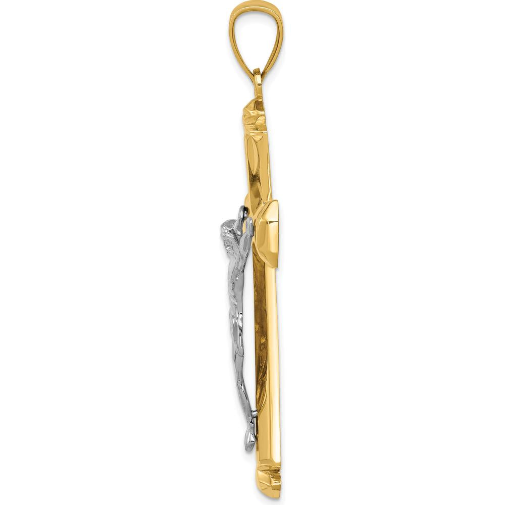 14K Yellow and White Gold Polished Two-Tone Crucifix Pendant - 61mm Length, 34mm Width by Oro Pregiato