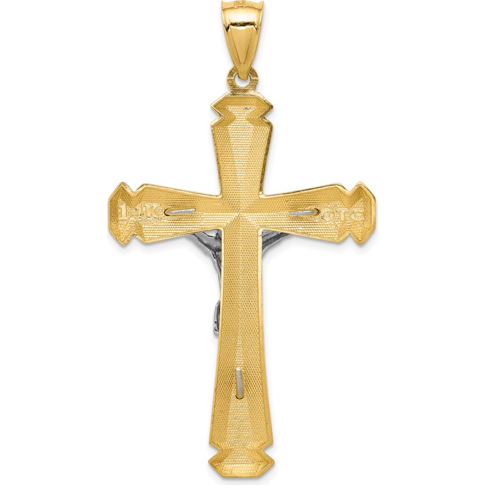 14K Yellow and White Gold Polished Two-Tone Crucifix Pendant - 61mm Length, 34mm Width by Oro Pregiato