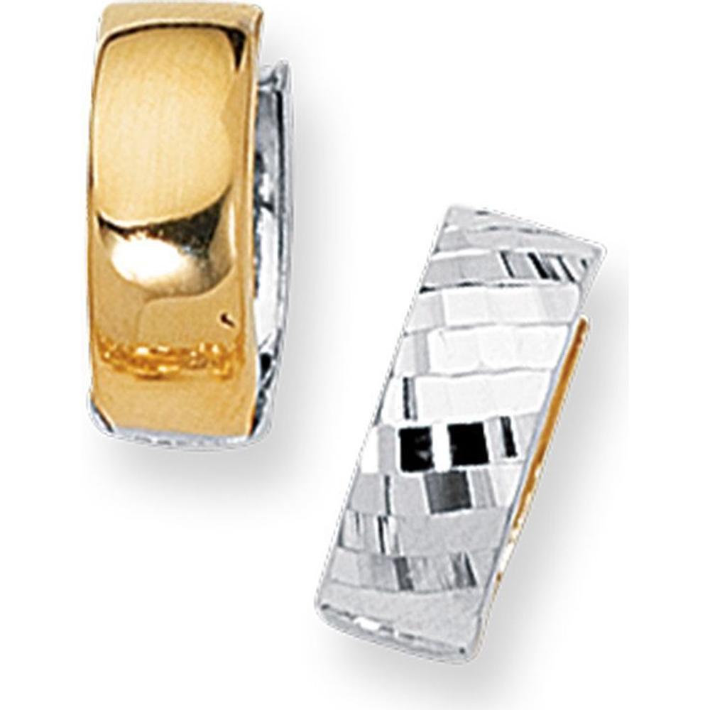 14K Yellow and White Gold Reversible Diamond Cut Huggie Earrings with Hinged Closure - 5mm Width by Orozza Fine Jewelry