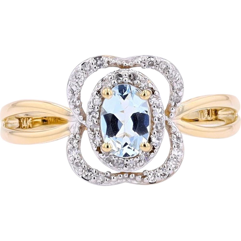 14K Yellow and White Gold Ring with Oval Aquamarine and Diamond Halo - 0.15 Carats Total Diamond Weight