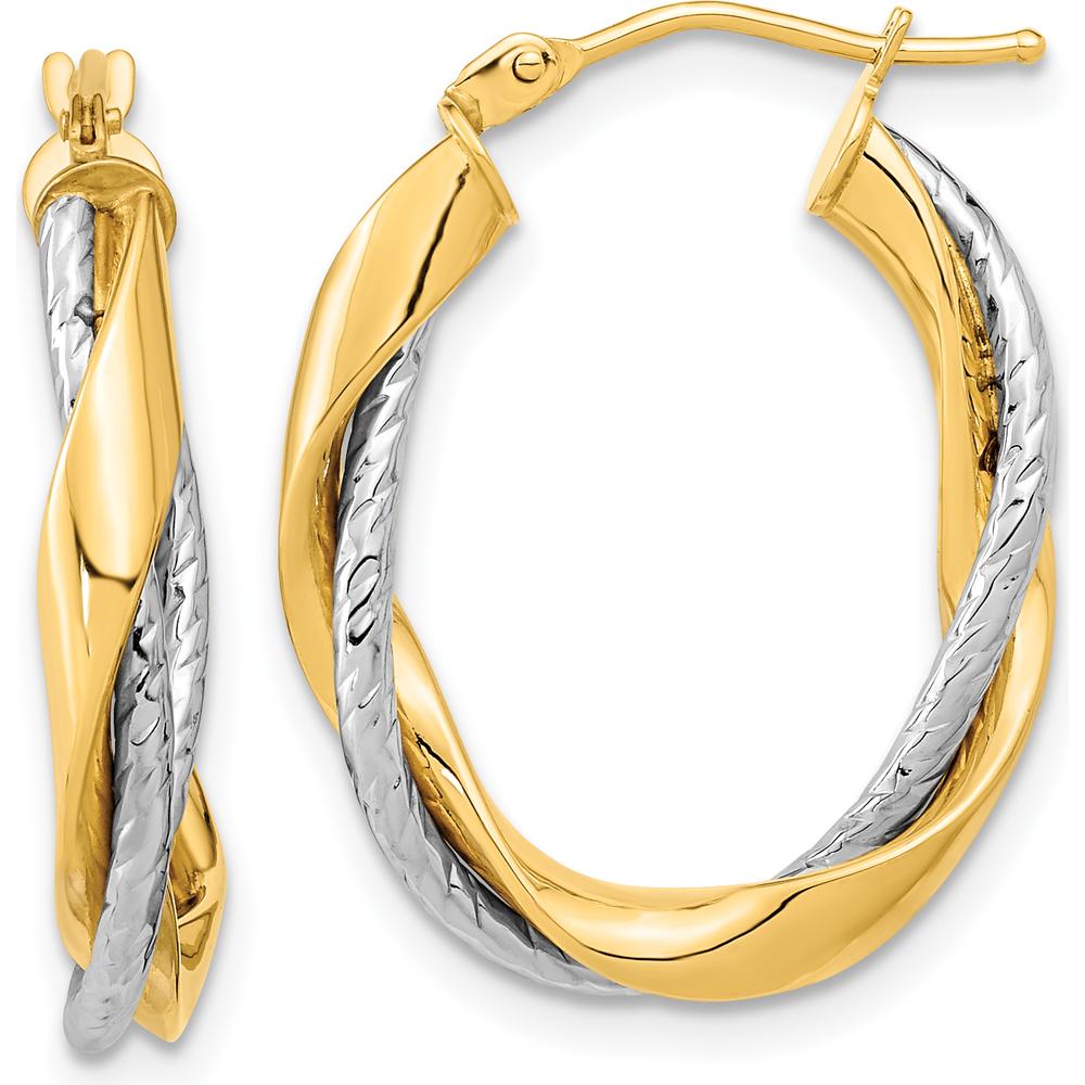 14K Yellow and White Gold Twisted Oval Hoop Earrings - Polished Finish by 0