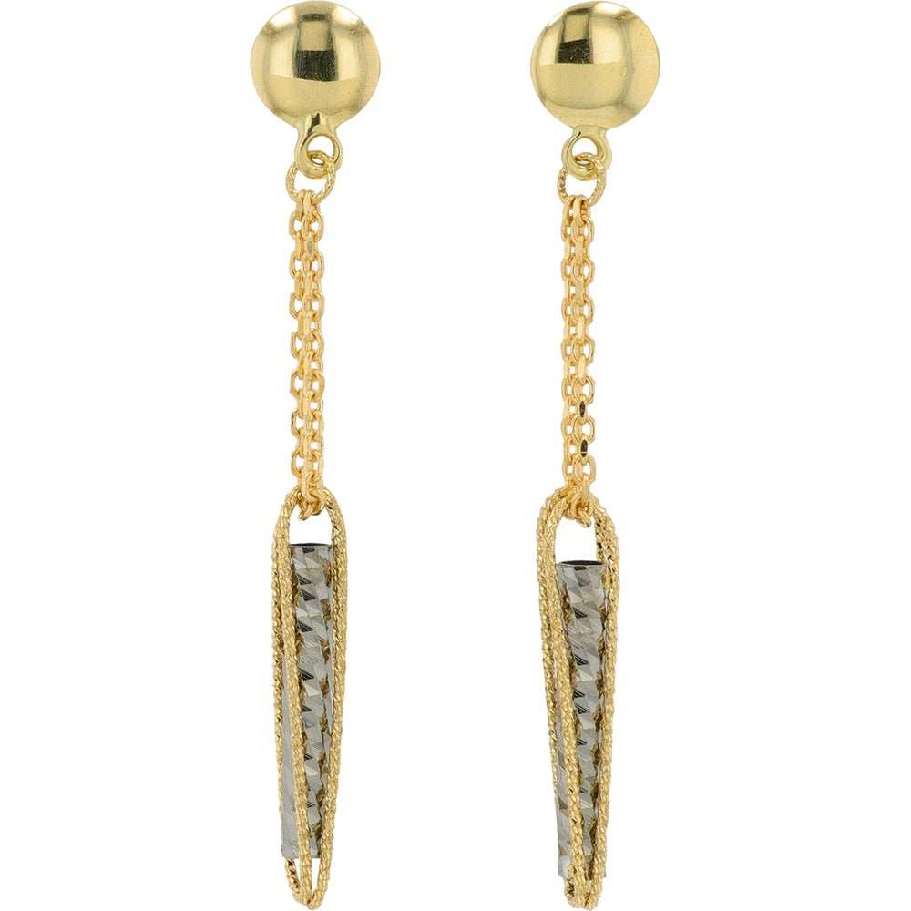 14K Yellow and White Gold Two-Tone Dangle Earrings with Diamond-Cut Textured Drop and Cable Chain