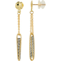 14K Yellow and White Gold Two-Tone Dangle Earrings with Diamond-Cut Textured Drop and Cable Chain