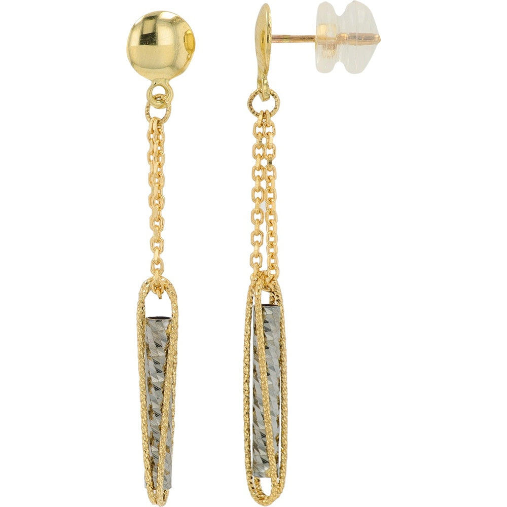 14K Yellow and White Gold Two-Tone Dangle Earrings with Diamond-Cut Textured Drop and Cable Chain