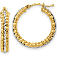 14K Yellow and White Gold Two-Tone Polished Beaded Hoop Earrings with Diamond-Cut Accents - 21mm by 0