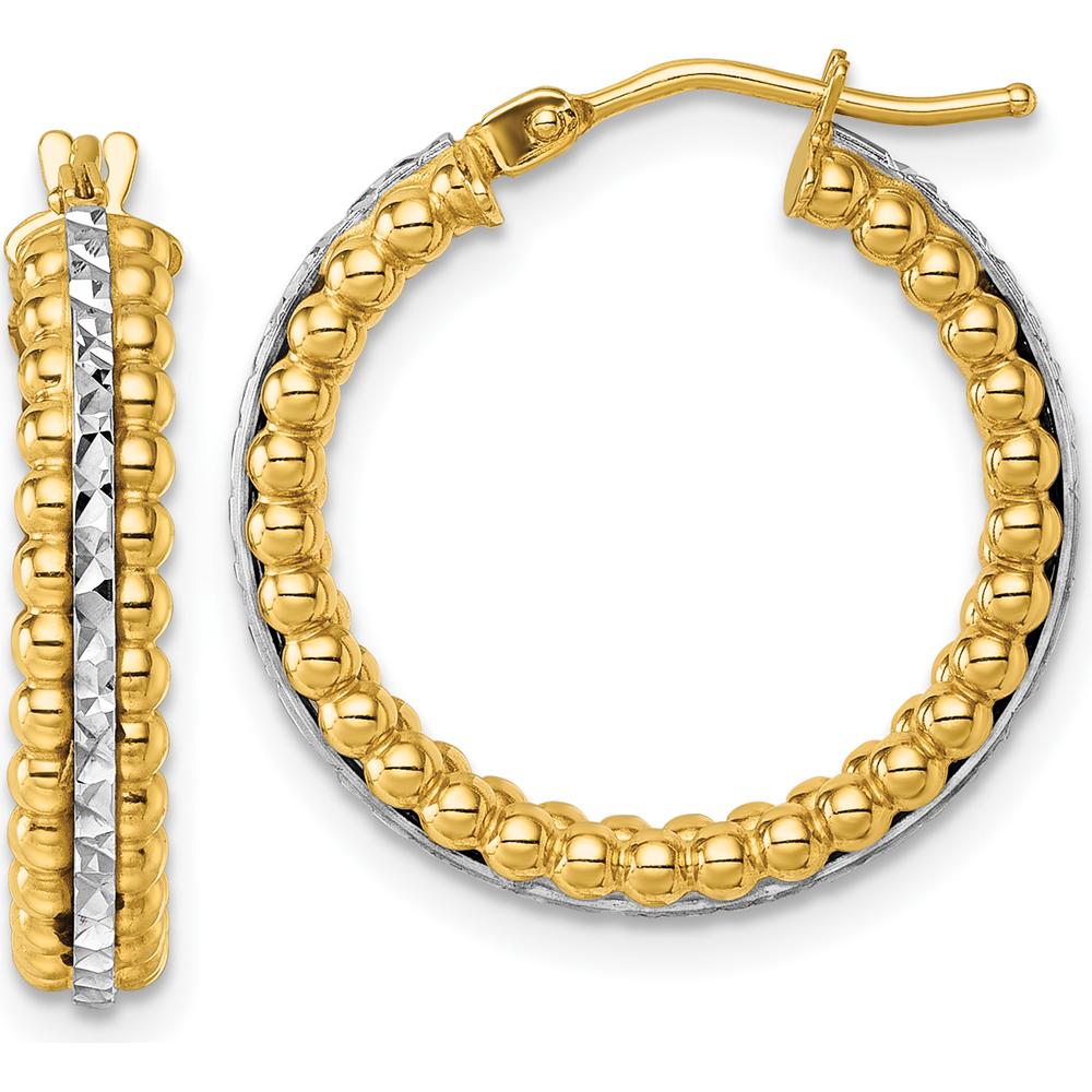 14K Yellow and White Gold Two-Tone Polished Beaded Hoop Earrings with Diamond-Cut Accents - 21mm by 0