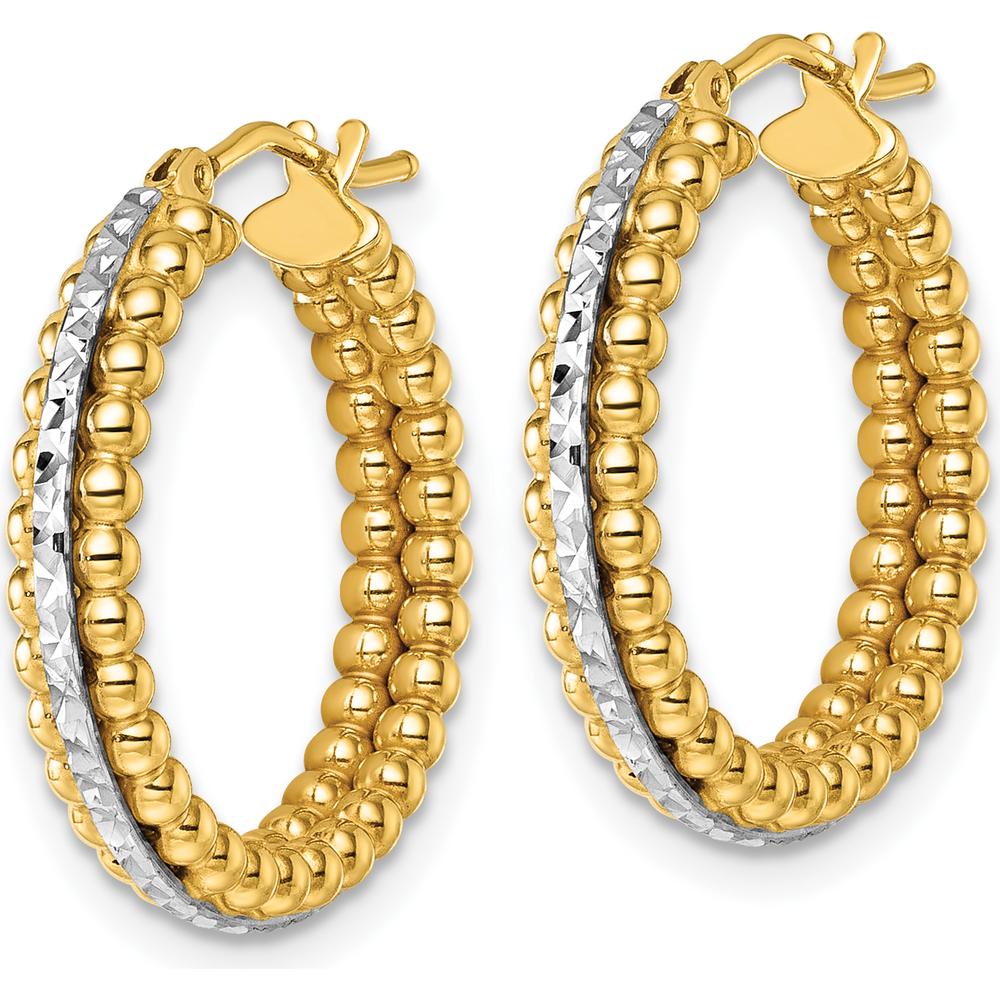 14K Yellow and White Gold Two-Tone Polished Beaded Hoop Earrings with Diamond-Cut Accents - 21mm by 0