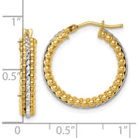 14K Yellow and White Gold Two-Tone Polished Beaded Hoop Earrings with Diamond-Cut Accents - 21mm by 0