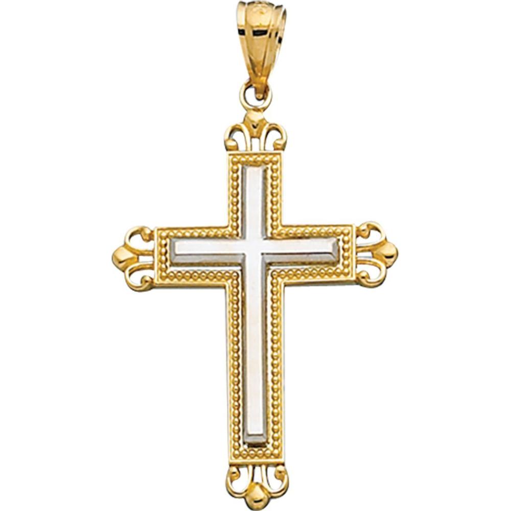 14K Yellow & White Gold Vintage Filigree Cross Pendant - 38mm x 22.9mm by Orozza Fine Jewelry