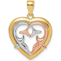 14K Yellow and White Rhodium Dolphins in Heart Frame Pendant by Oro Pregiato