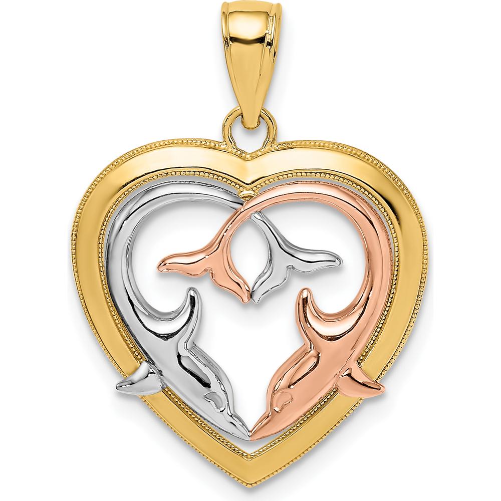 14K Yellow and White Rhodium Dolphins in Heart Frame Pendant by Oro Pregiato