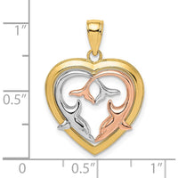 14K Yellow and White Rhodium Dolphins in Heart Frame Pendant by Oro Pregiato