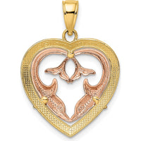14K Yellow and White Rhodium Dolphins in Heart Frame Pendant by Oro Pregiato