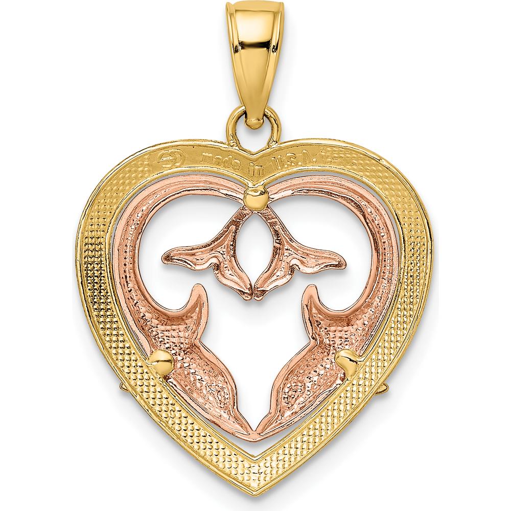 14K Yellow and White Rhodium Dolphins in Heart Frame Pendant by Oro Pregiato