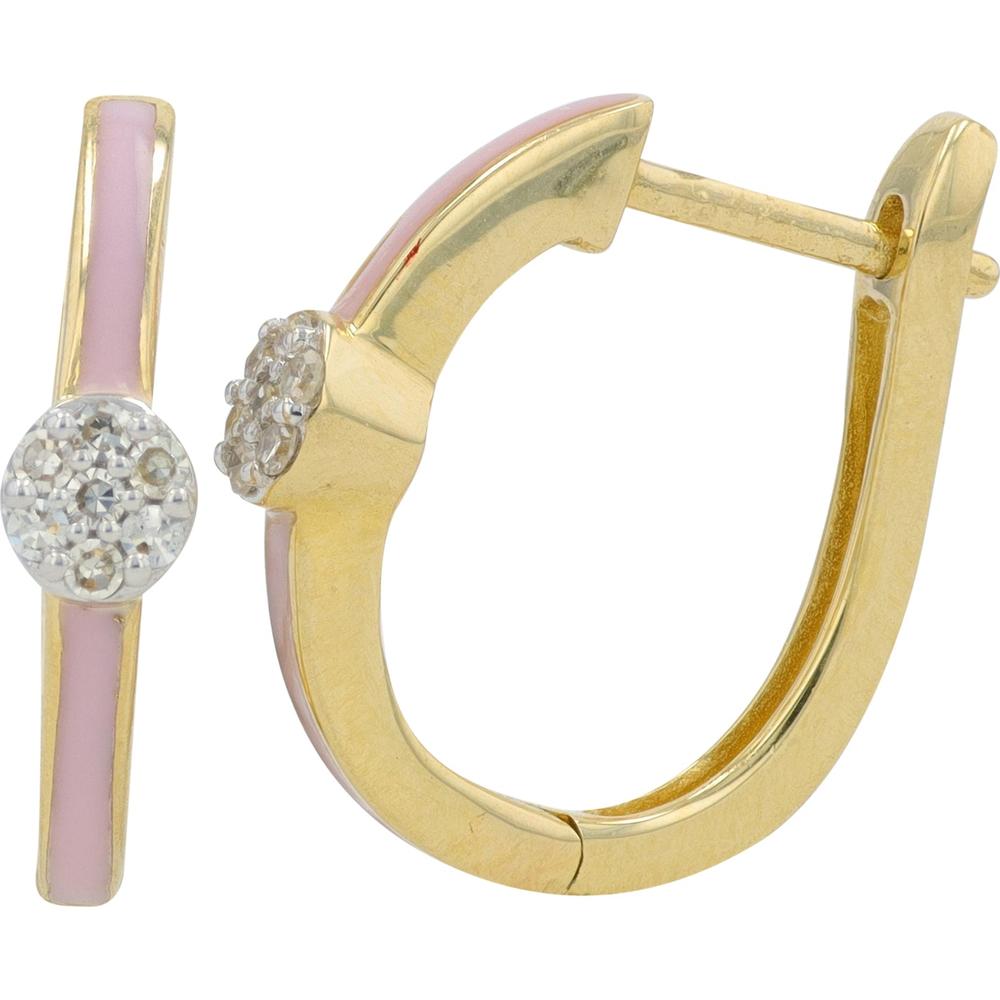 14K Yellow Gold 0.10 Carat Diamond and Pink Enamel Hoop Earrings
