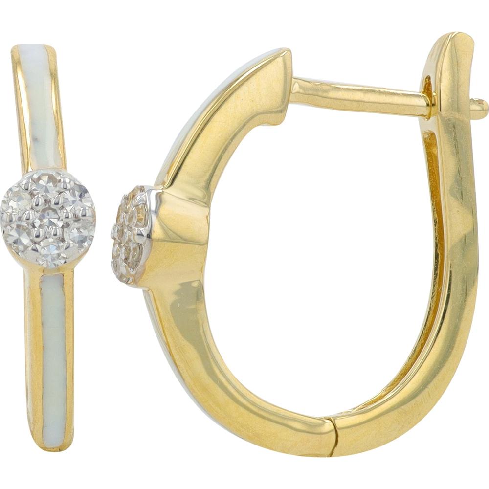 14K Yellow Gold 0.10 Carat Diamond & White Enamel Hoop Earrings