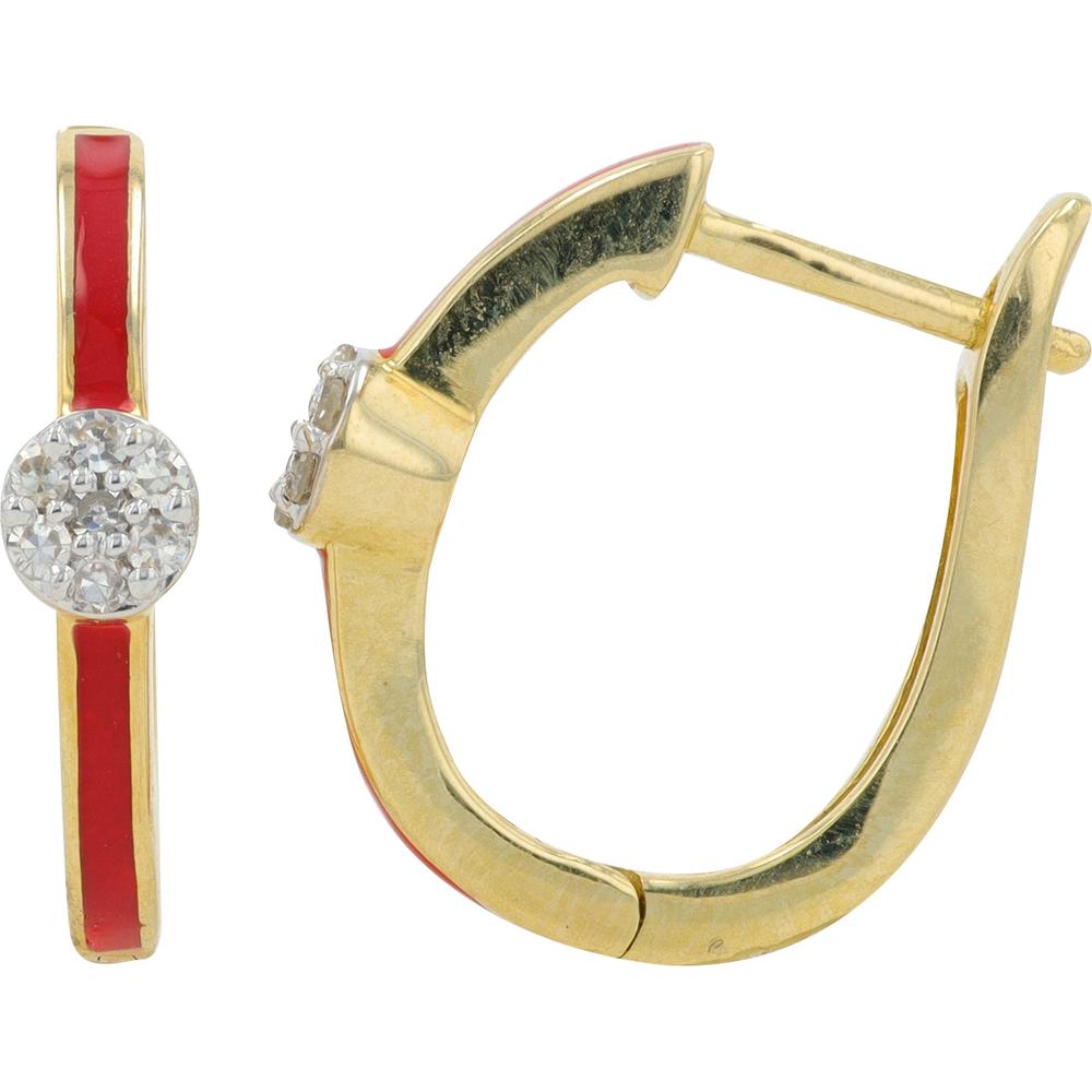14K Yellow Gold 0.10 Carats Diamond Pave Red Enamel Hoops
