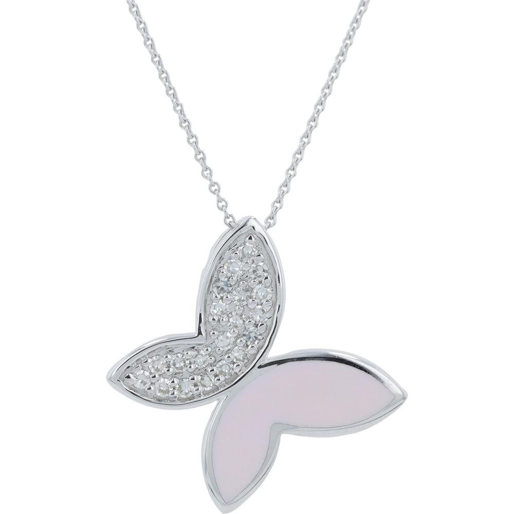 14K Yellow Gold 0.16 Carats Diamond & Pink Enamel Butterfly Necklace